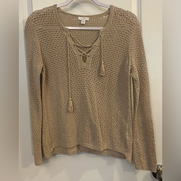 J. Jill Sweaters - J Jill Sweater Sz XS Tan Open Stitch Lace Up V-neck